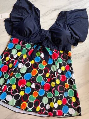 Navy & Multi-Color Polka Dot Swim Top